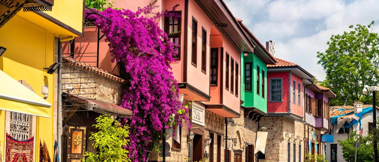 colorful houses with bougainvillea flowers and natural beauty showcasing the charm of an 8 themed village